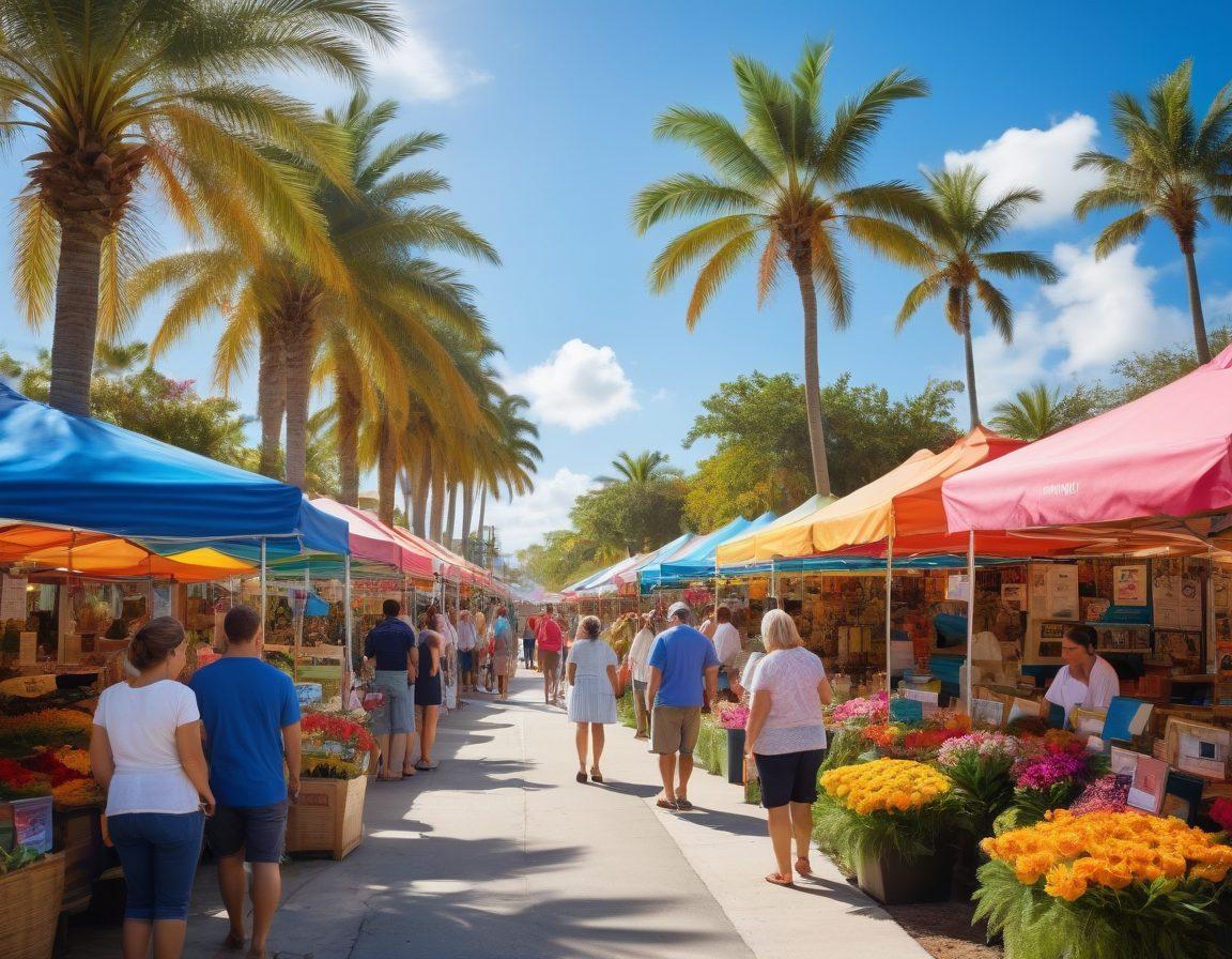A vibrant Florida landscape featuring a diverse group of people discussing insurance options at a colorful outdoor market. Bright sunshine illuminates palm trees and tropical flowers, while a sign reads 'Affordable Coverage Options'. Include elements like brochures, calculators, and friendly interactions to highlight guidance. super-realistic. vibrant colors. bright blue sky.